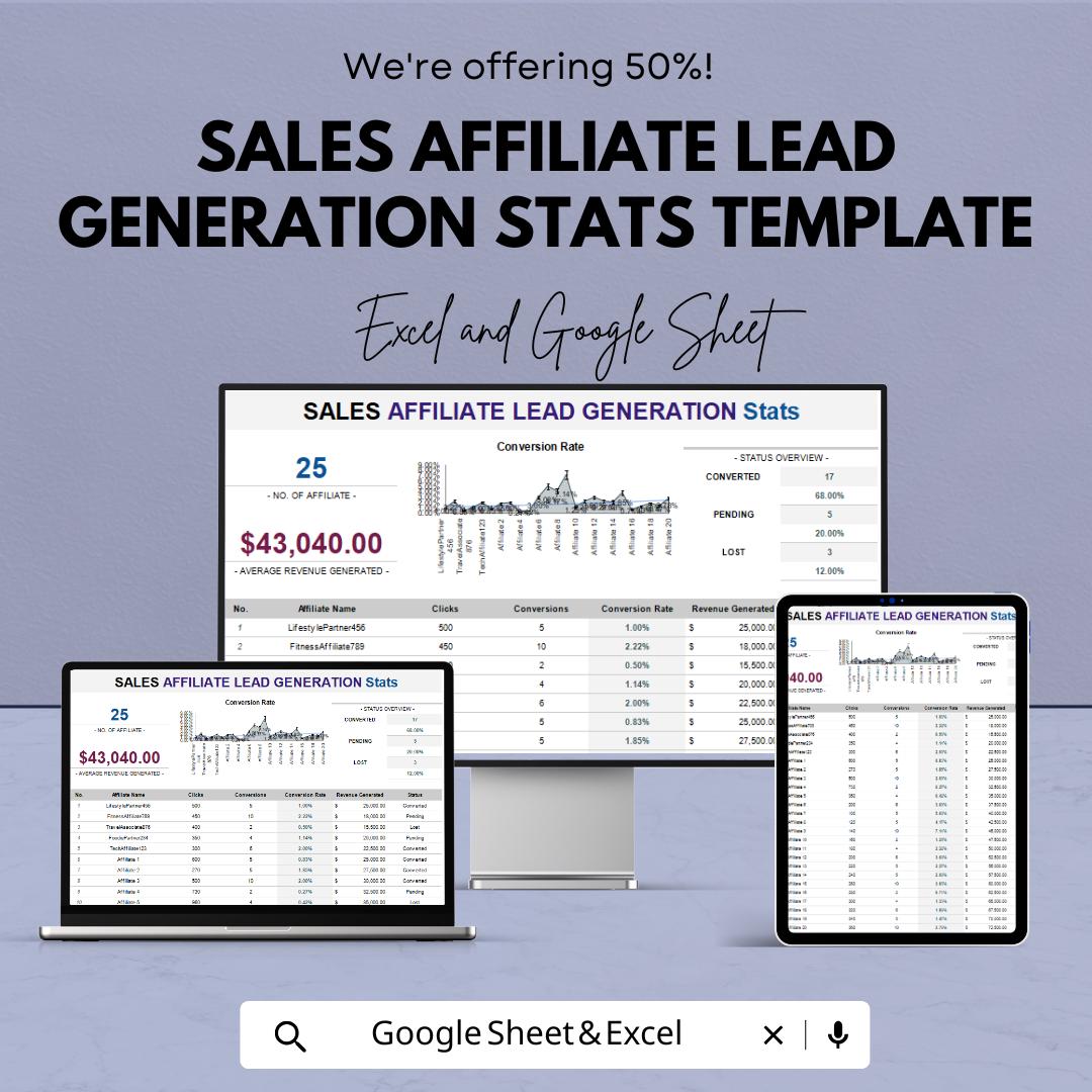 Sales Affiliate Lead Generation Stats Template | Conversion Tracking Dashboard | Affiliate Performance Report | Excel & Google Sheets