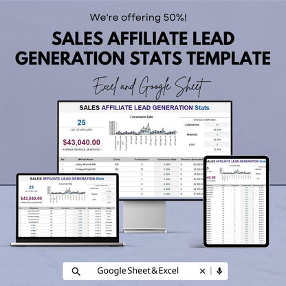 Sales Affiliate Lead Generation Stats Template | Conversion Tracking Dashboard | Affiliate Performance Report | Excel & Google Sheets