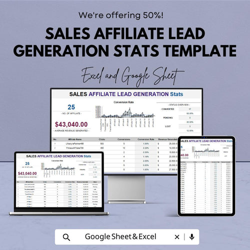 Sales Affiliate Lead Generation Stats Template | Conversion Tracking Dashboard | Affiliate Performance Report | Excel & Google Sheets