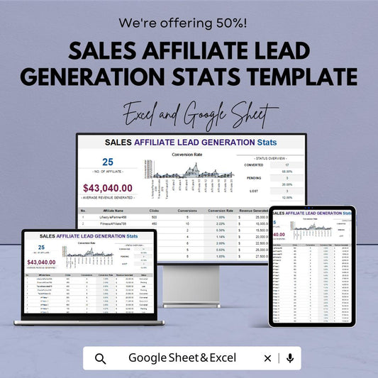 Sales Affiliate Lead Generation Stats Template | Conversion Tracking Dashboard | Affiliate Performance Report | Excel & Google Sheets