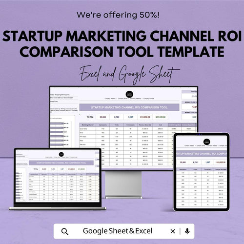 Startup Marketing ROI Tracker | Marketing Channel Comparison Template | Multi-Channel Analytics Dashboard