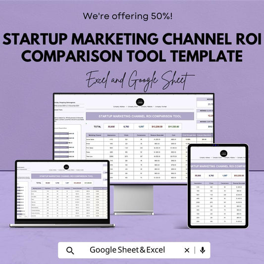 Startup Marketing ROI Tracker | Marketing Channel Comparison Template | Multi-Channel Analytics Dashboard