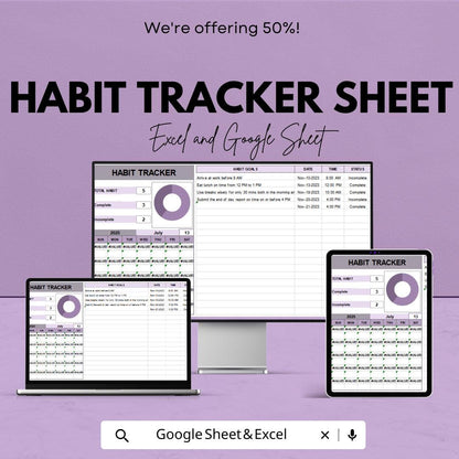 Habit Tracker Sheet - Excel and Google Sheet Template for Goal Tracking and Habit Building - Track Your Daily Habits & Achieve Your Goals