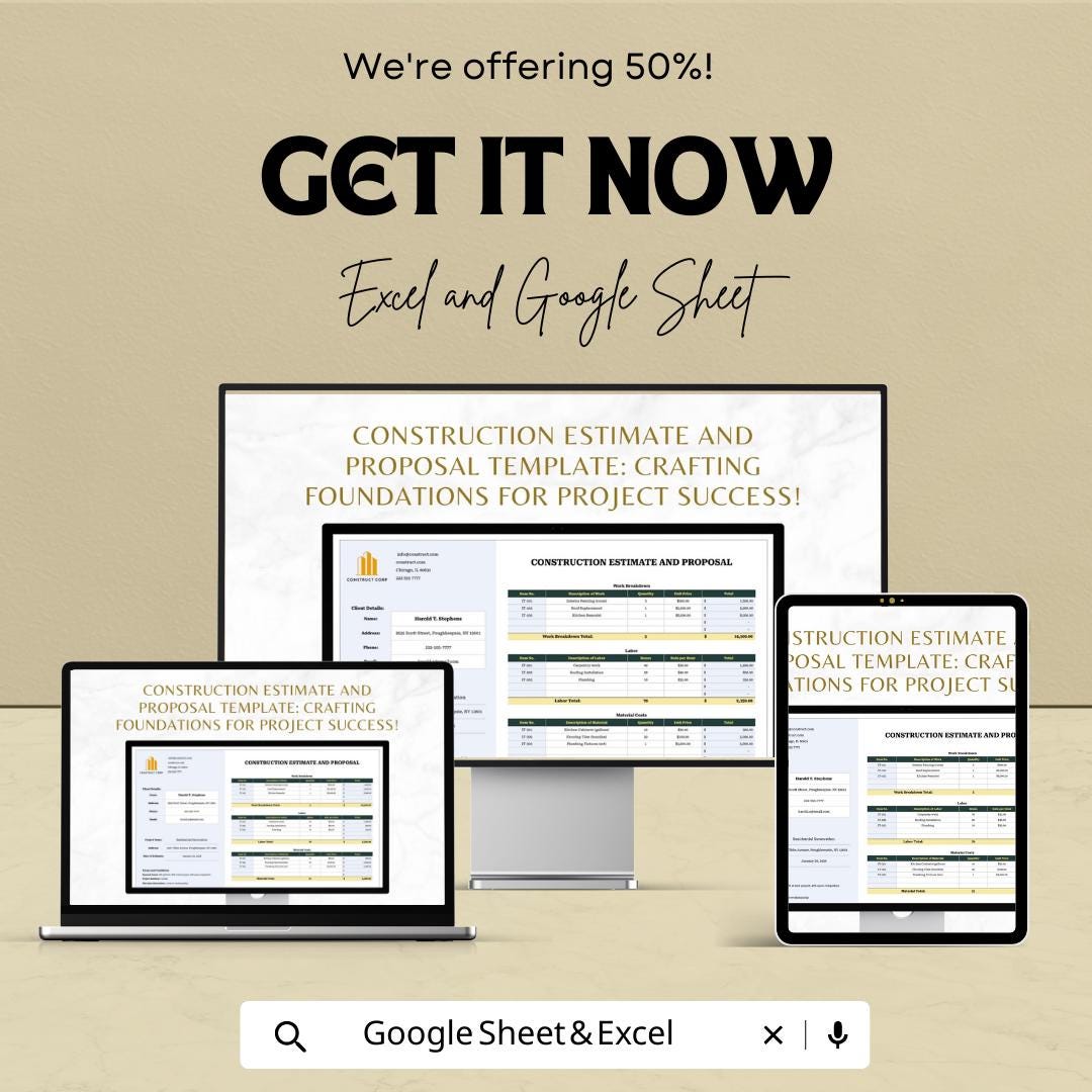 Construction Estimate and Proposal Template | Excel and Google Sheets Contractor Bid Sheet | Project Cost Breakdown & Client Proposal Form