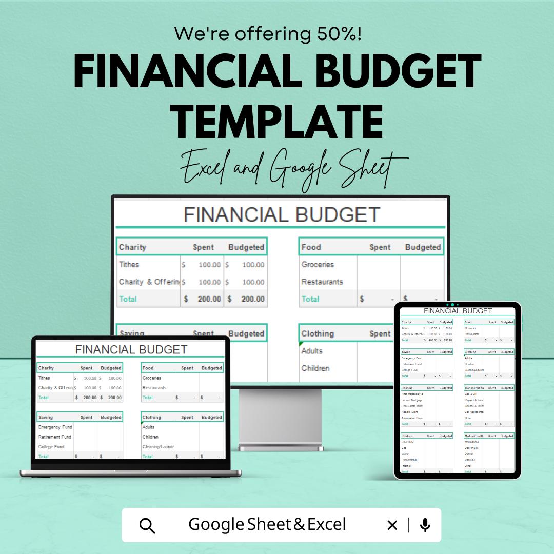 Financial Budget Template | Monthly Budget Planner | Expense Tracker | Excel and Google Sheets Budget Template | Personal Finance Organizer