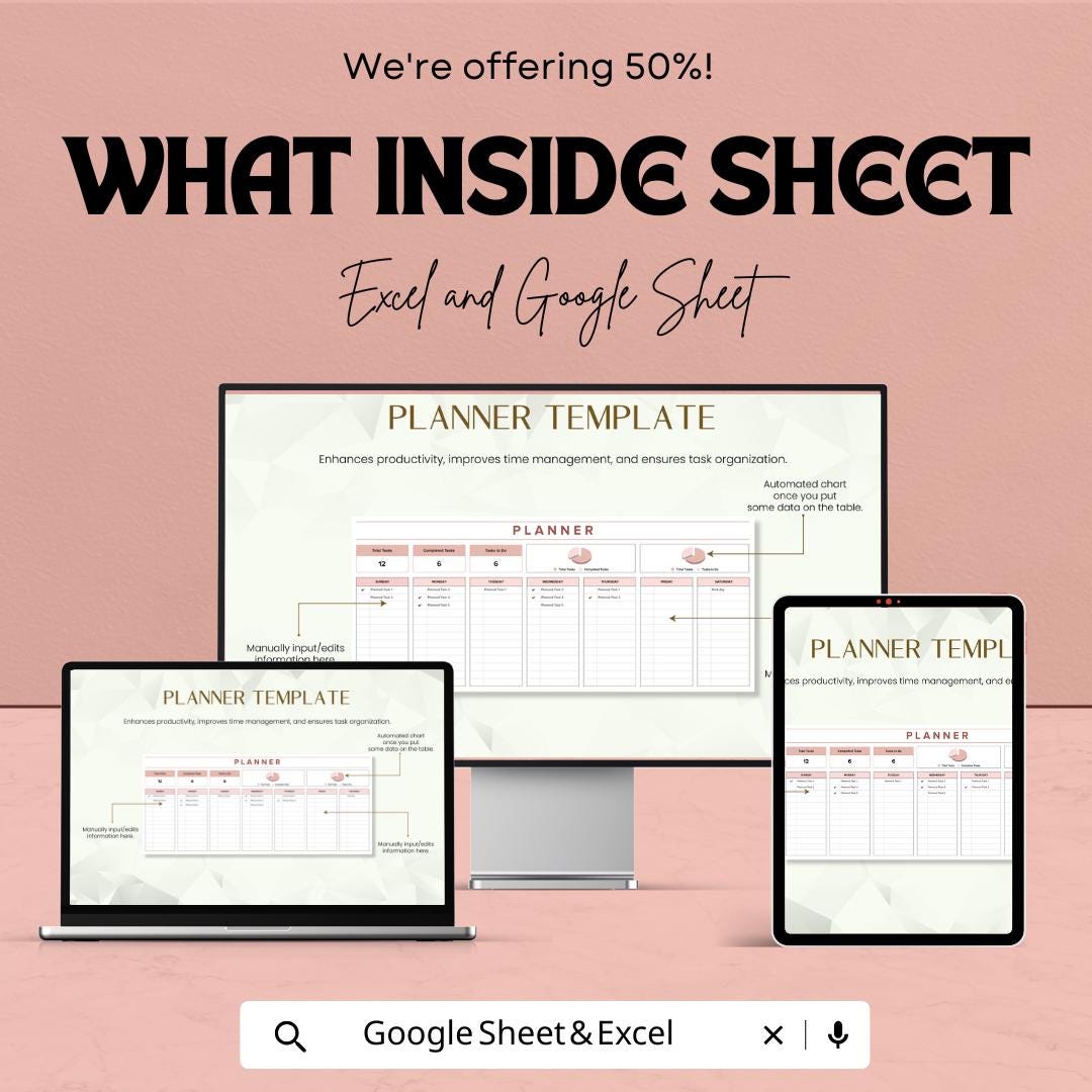 Planner Template | Google Sheets & Excel | Task Organizer | Daily Weekly Monthly Planner | Productivity Tracker | Editable Schedule