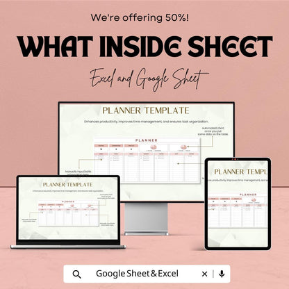 Planner Template | Google Sheets & Excel | Task Organizer | Daily Weekly Monthly Planner | Productivity Tracker | Editable Schedule