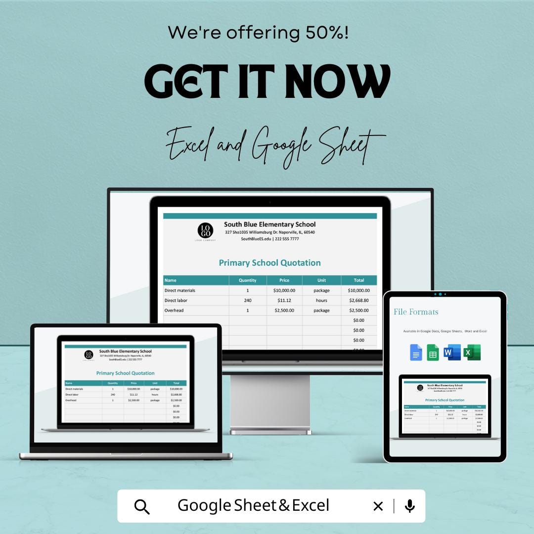 Primary School Quotation Sheet | Editable Excel & Google Sheets Template | Customizable Pricing List for Schools | Instant Download