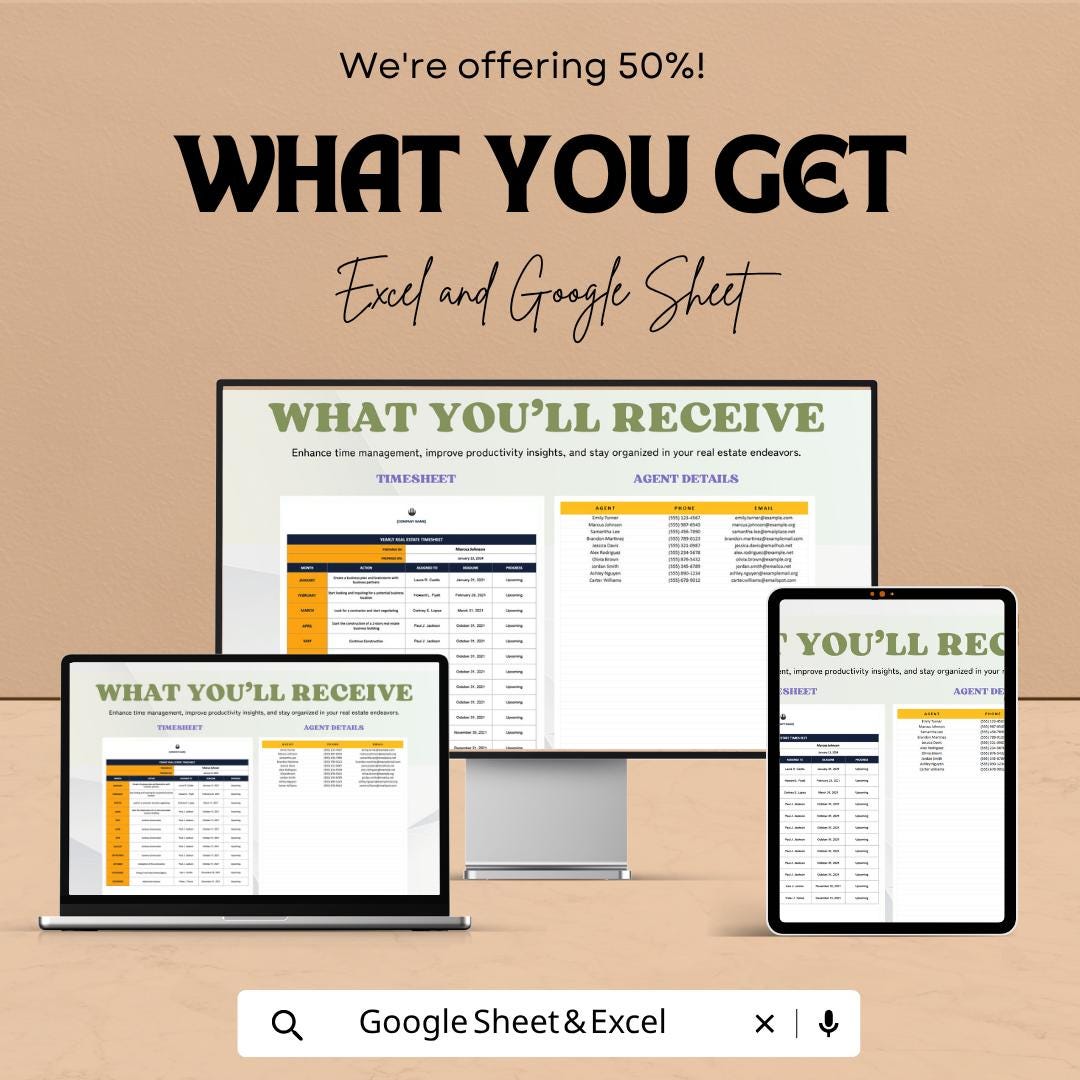 Yearly Real Estate Timesheet Template | Agent Task Tracker | Annual Business Planning Spreadsheet