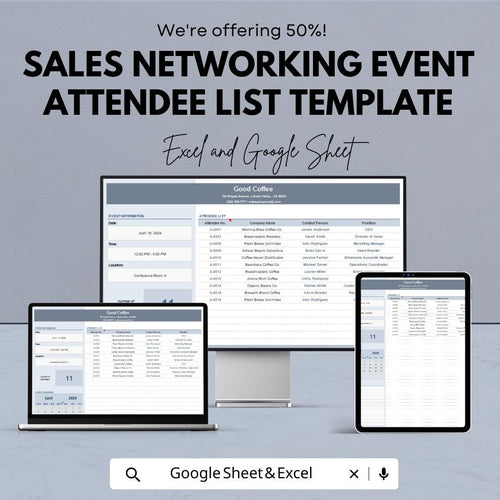 Sales Networking Event Attendee List Template | Event Guest Tracker | Conference Contact Sheet | Excel & Google Sheet Template
