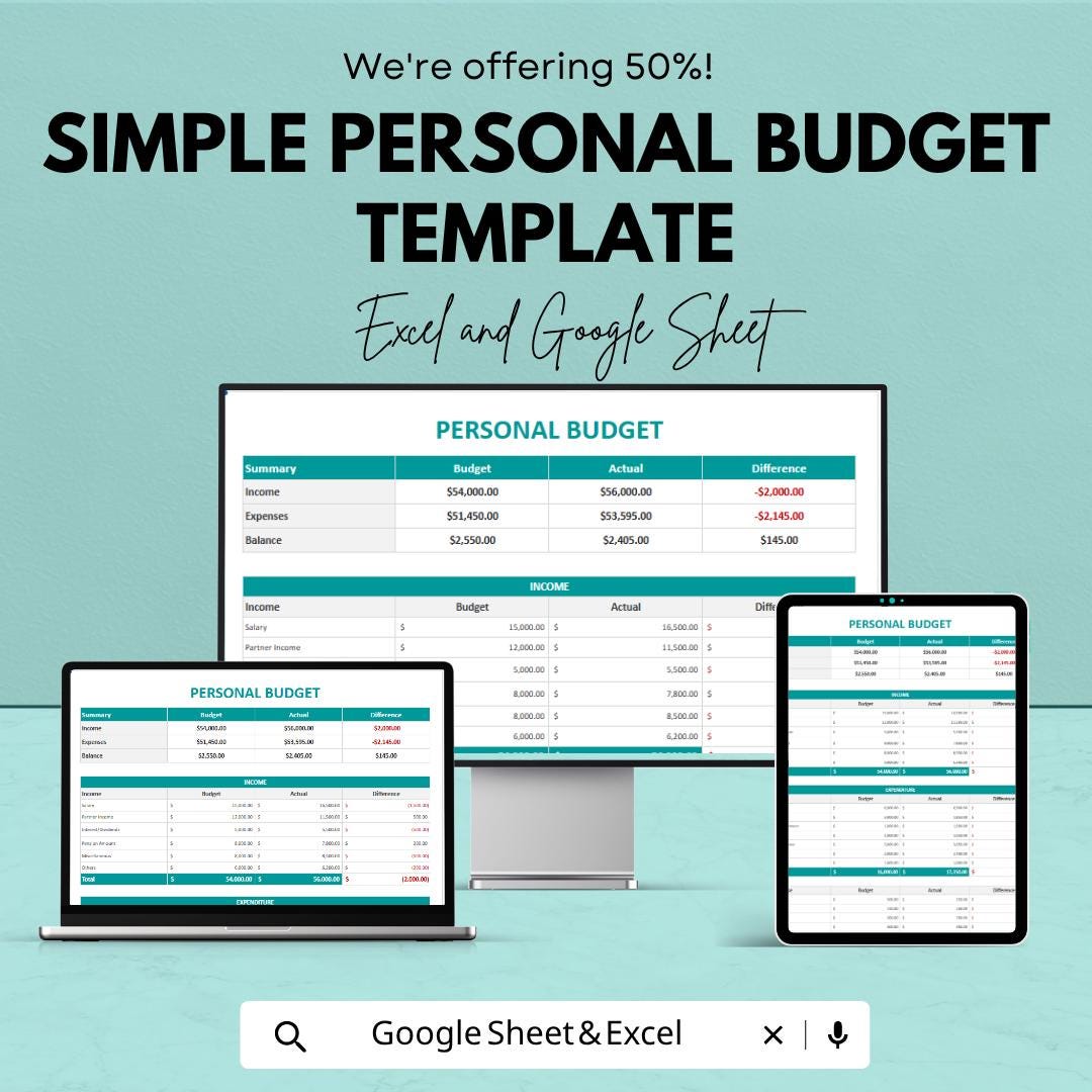 Simple Personal Budget Template Excel | Monthly Budget Planner Google Sheets | Expense Tracker Spreadsheet | Income Expense Budget Sheet |