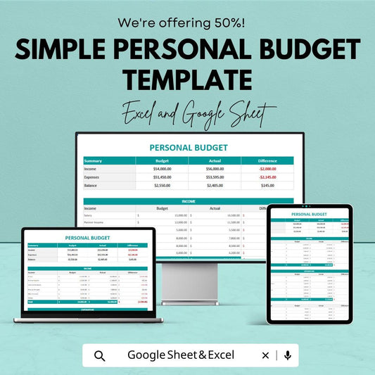 Simple Personal Budget Template Excel | Monthly Budget Planner Google Sheets | Expense Tracker Spreadsheet | Income Expense Budget Sheet |