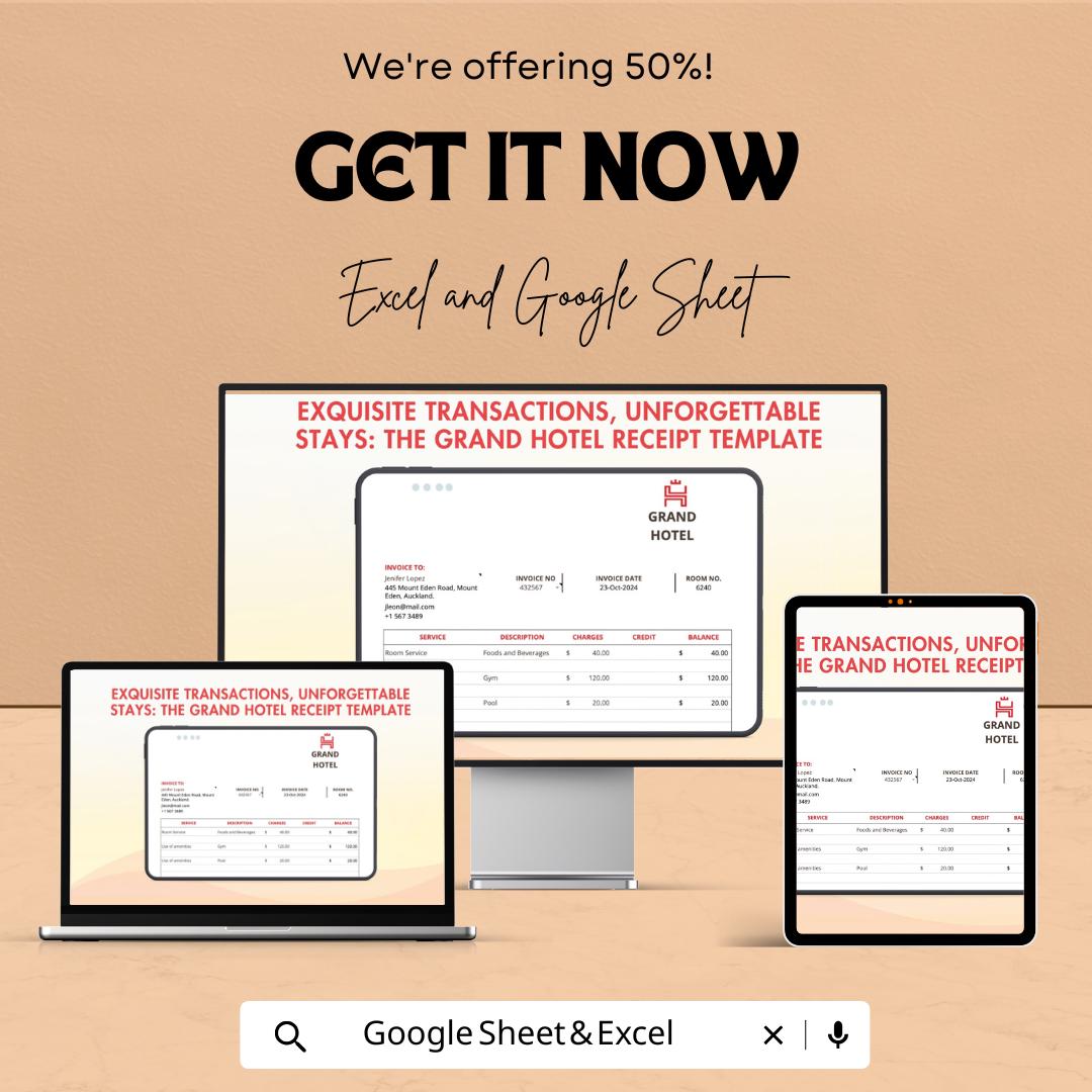 Grand Hotel Receipt Template | Editable Invoice Sheet for Hotels | Excel & Google Sheets | Instant Download