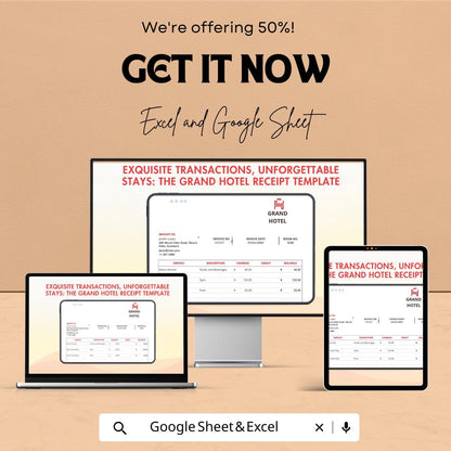 Grand Hotel Receipt Template | Editable Invoice Sheet for Hotels | Excel & Google Sheets | Instant Download