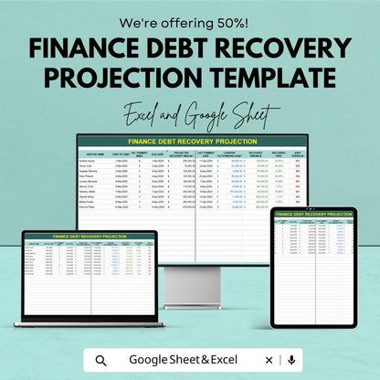 Finance Debt Recovery Projection Template | Debt Tracker, Payment Log, Compliance Monitoring Sheet | Recovery Forecast Tool