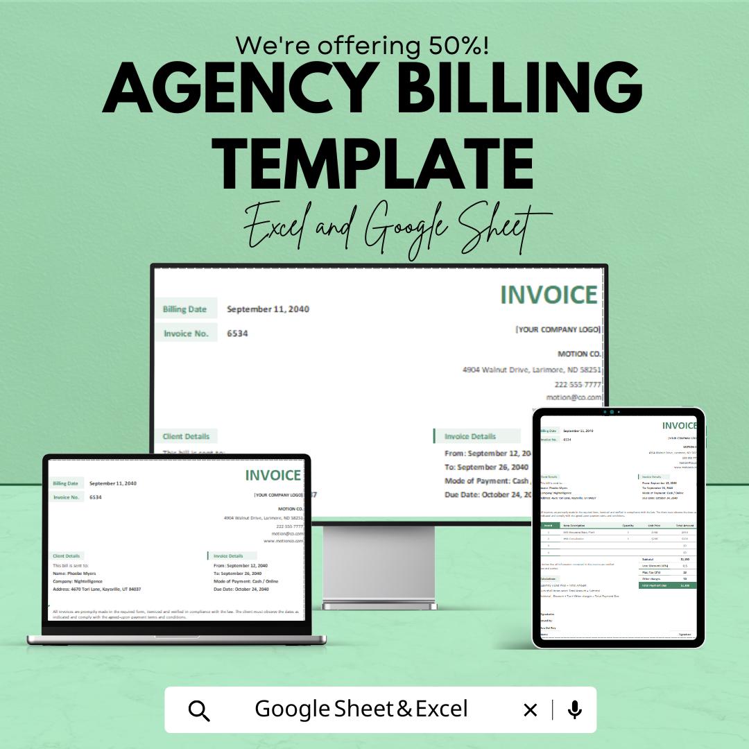 Agency Billing Template | Invoice Template for Agency and Freelancers | Excel and Google Sheets Invoice | Professional Service Billing Sheet