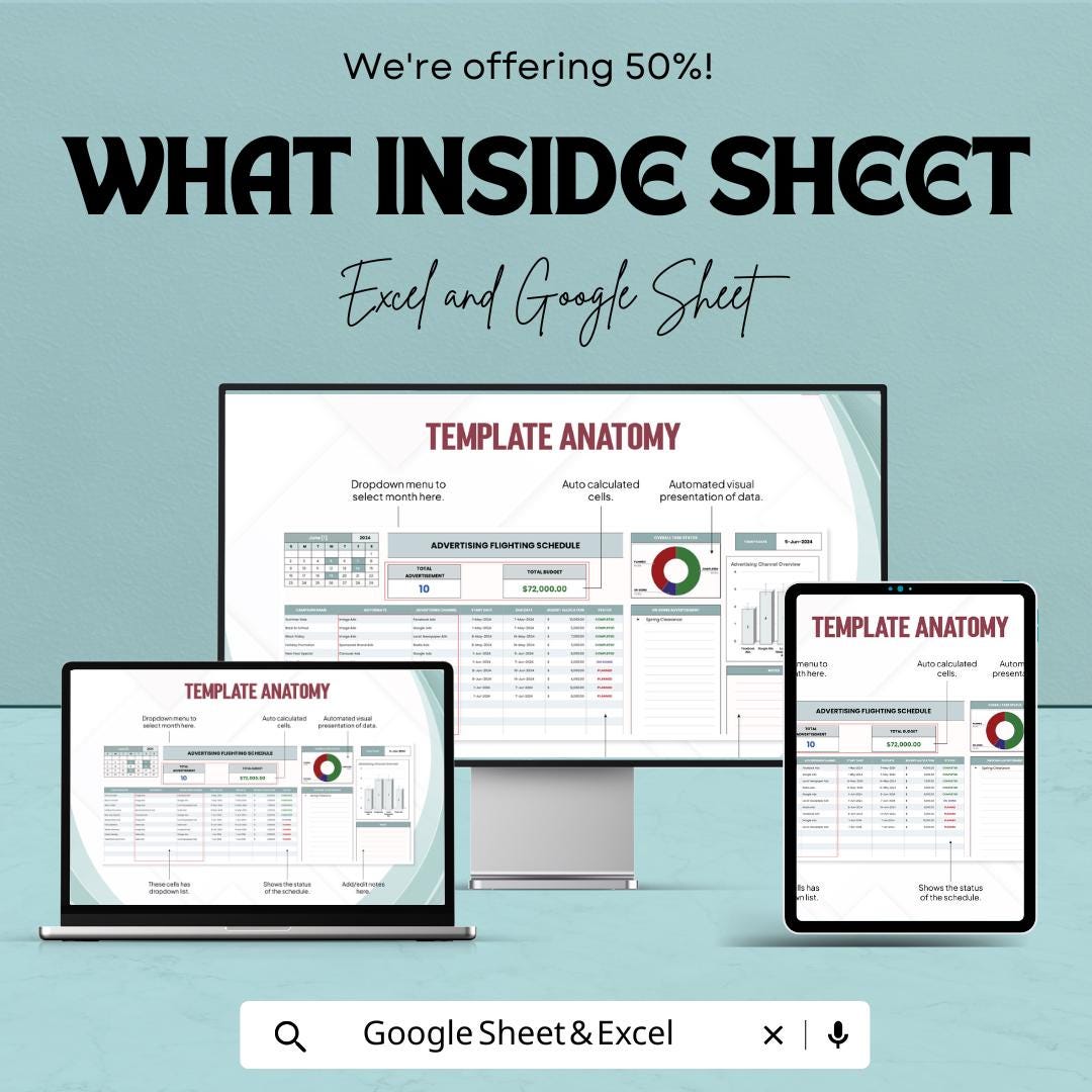 Advertising flighting Schedule Sheet | Advertising Campaign Planner | Google Sheets and Excel Template | Marketing & Budget Planner