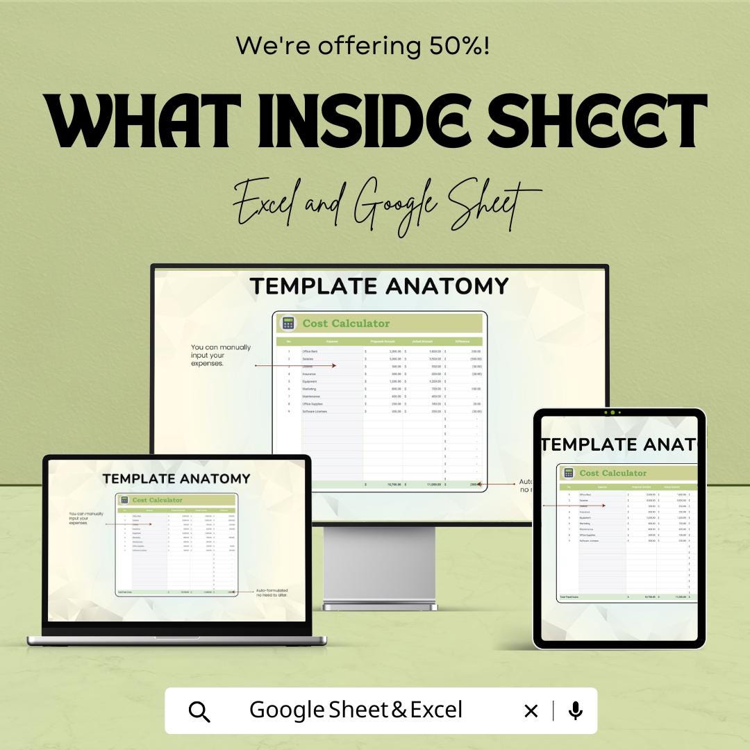 Cost Calculator Template | Expense Estimator Spreadsheet | Budget Cost Tracker | Excel and Google Sheets | Project Expense Analysis Tool