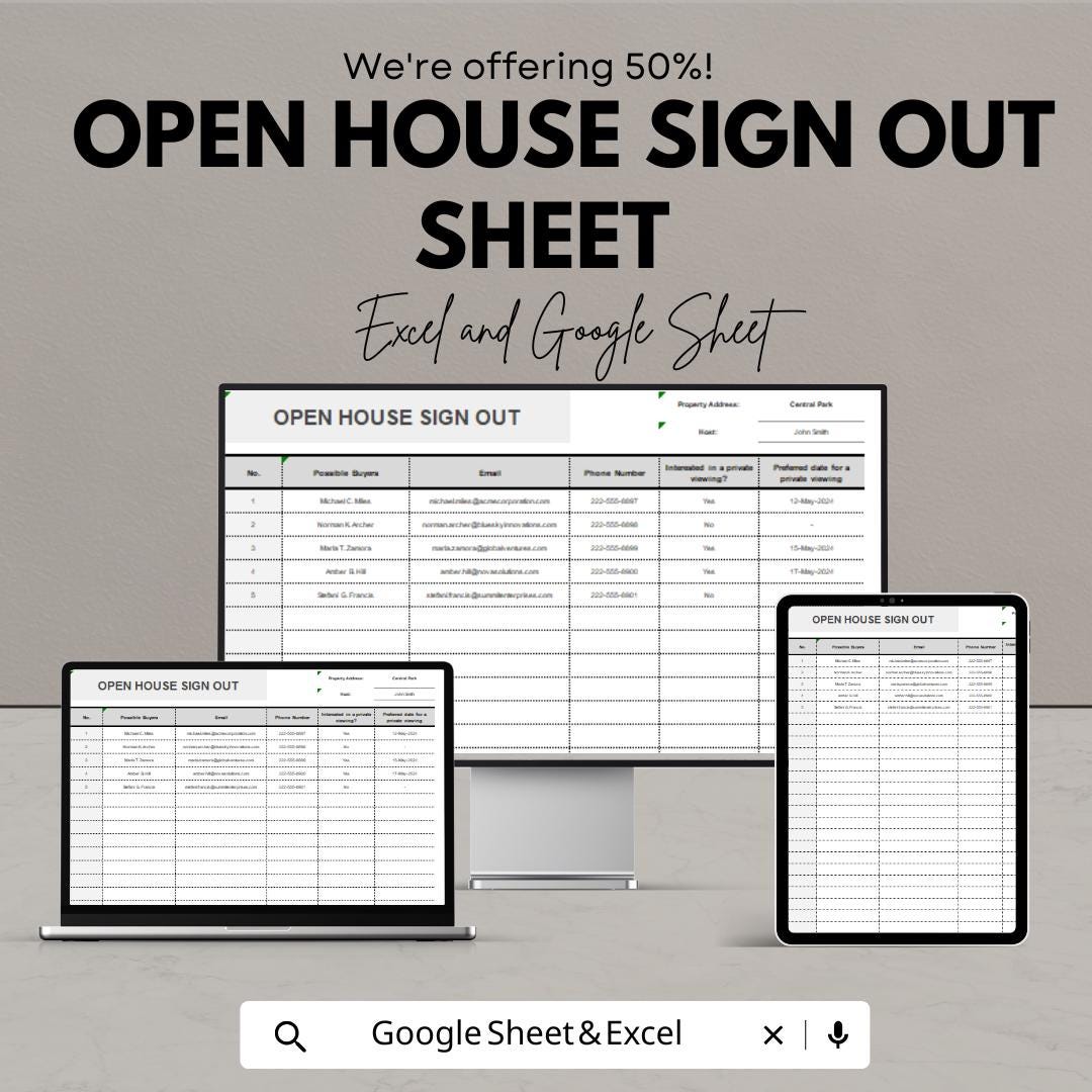 Open House Sign Out Sheet | Real Estate Sign-In Template | Excel & Google Sheets | Property Viewing Sign-In Sheet | Editable Open House Log