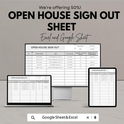 Open House Sign Out Sheet | Real Estate Sign-In Template | Excel & Google Sheets | Property Viewing Sign-In Sheet | Editable Open House Log