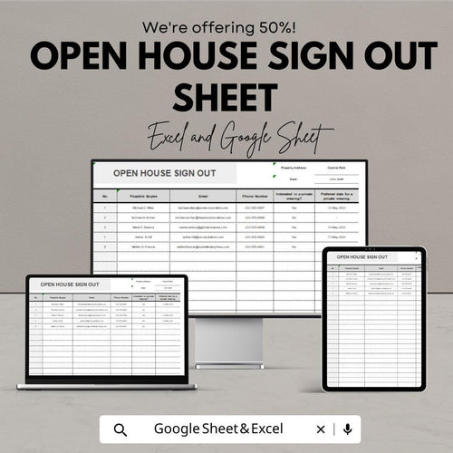 Open House Sign Out Sheet | Real Estate Sign-In Template | Excel & Google Sheets | Property Viewing Sign-In Sheet | Editable Open House Log
