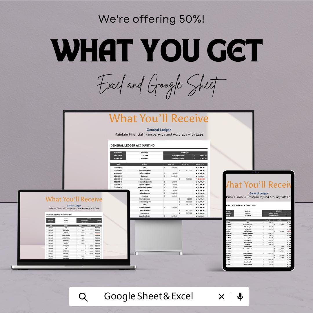 General Ledger Accounting Template | Excel & Google Sheets | Ledger Book Spreadsheet | Debit Credit Tracker | Bookkeeping Template