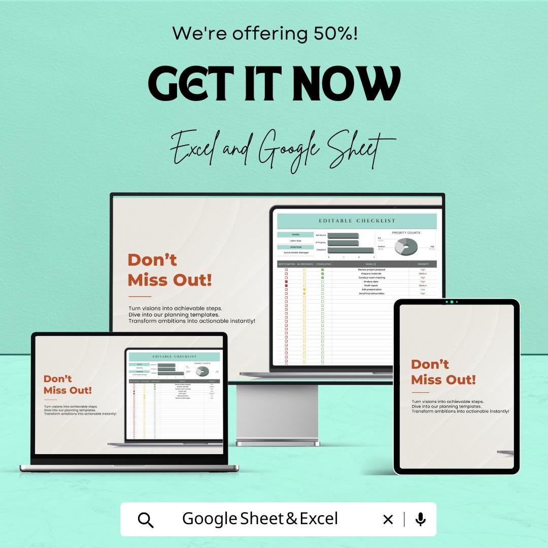 Editable Checklist Sheet | Excel and Google Sheets | Customizable Task List Template | Track Tasks & Progress | Priority Tracker |