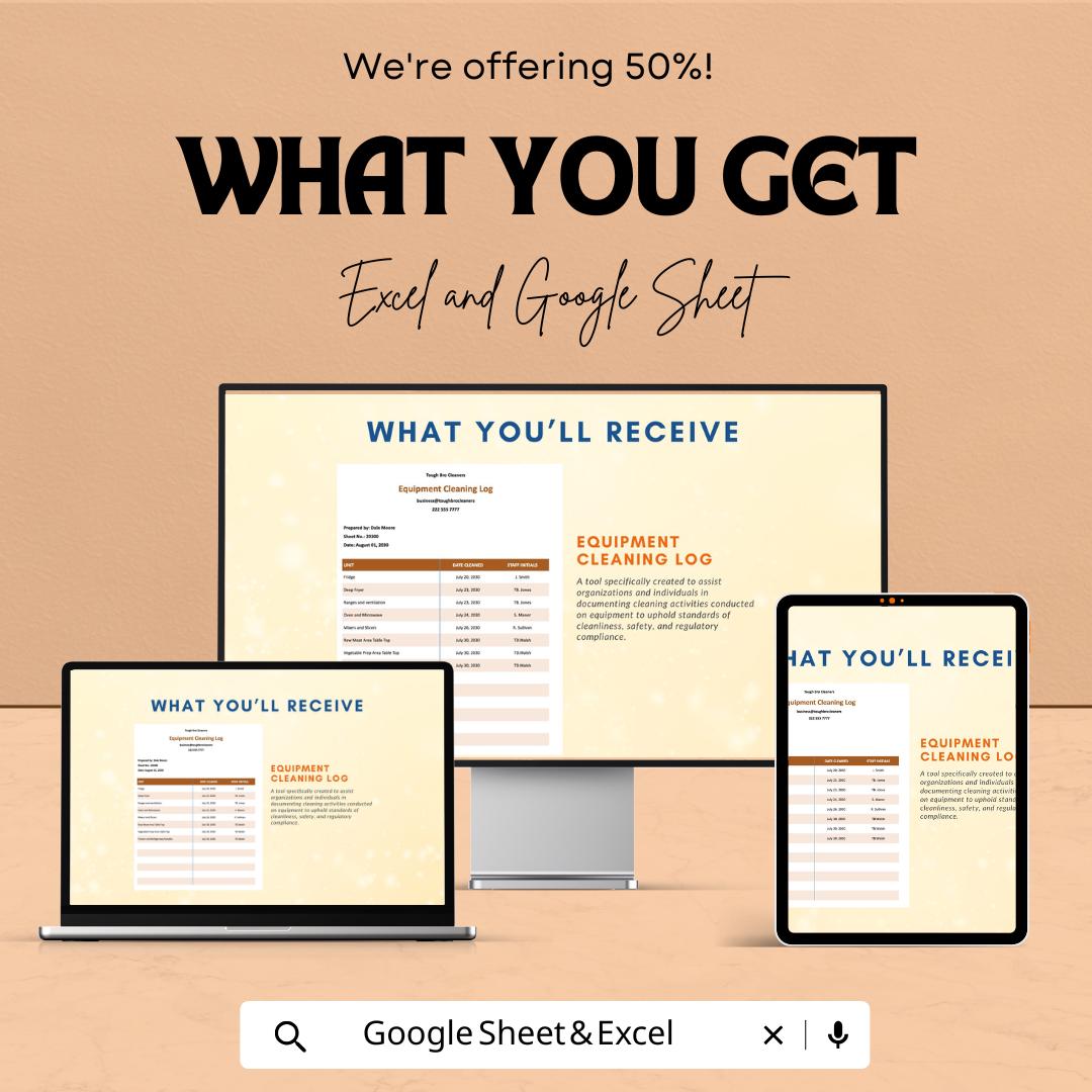 Equipment Cleaning Log Template | Google Sheets & Excel | Cleaning Schedule | Maintenance Tracker | Digital Logbook