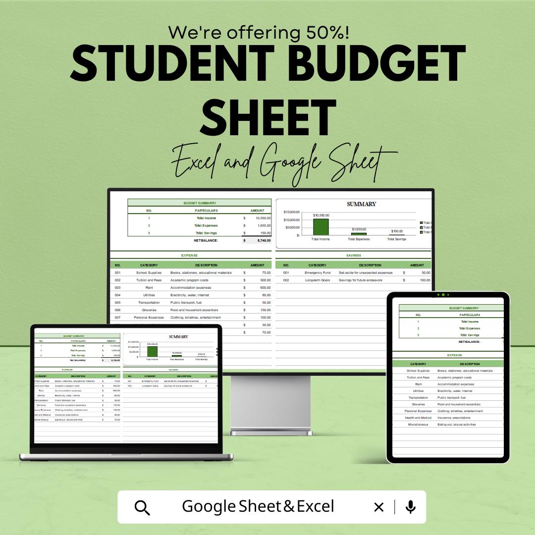 Student Budget Sheet – Google Sheet & Excel Template | Academic Expense Tracker | College Budget Planner | Editable Finance Tracker