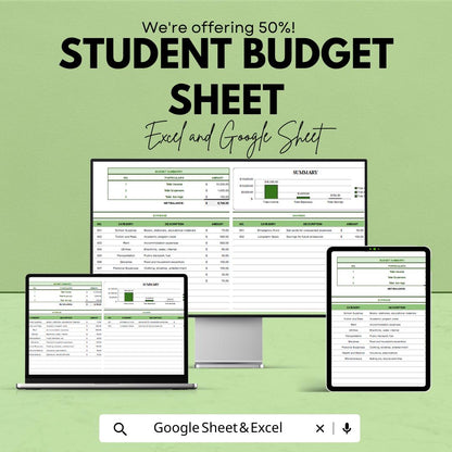 Student Budget Sheet – Google Sheet & Excel Template | Academic Expense Tracker | College Budget Planner | Editable Finance Tracker