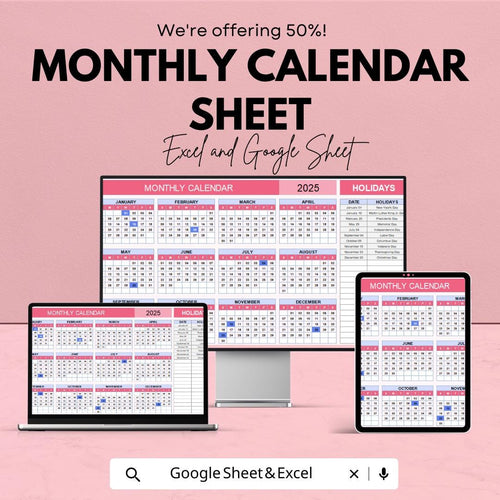 Monthly Calendar Sheet | Excel & Google Sheets | Yearly Planner Template | Customizable Calendar for Planning | 2023-2025 Schedule Organizer