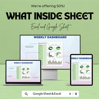 Weekly Dashboard Template | Business Performance Dashboard | Google Sheets & Excel | Weekly Progress Report Template