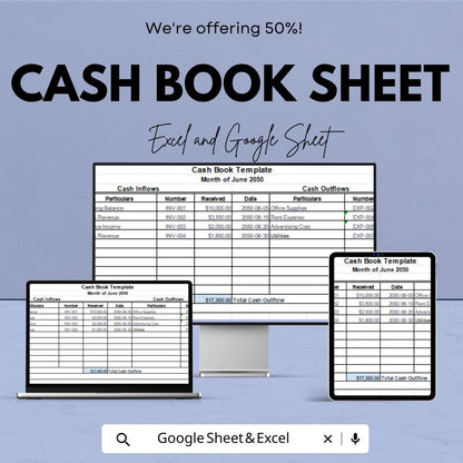 Cash Book Sheet | Excel and Google Sheets | Income & Expense Tracker | Cash Flow Management Template | Editable Finance Sheet