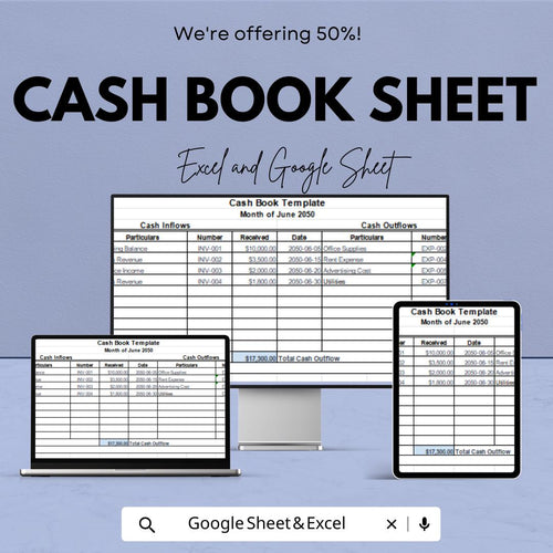 Cash Book Sheet | Excel and Google Sheets | Income & Expense Tracker | Cash Flow Management Template | Editable Finance Sheet