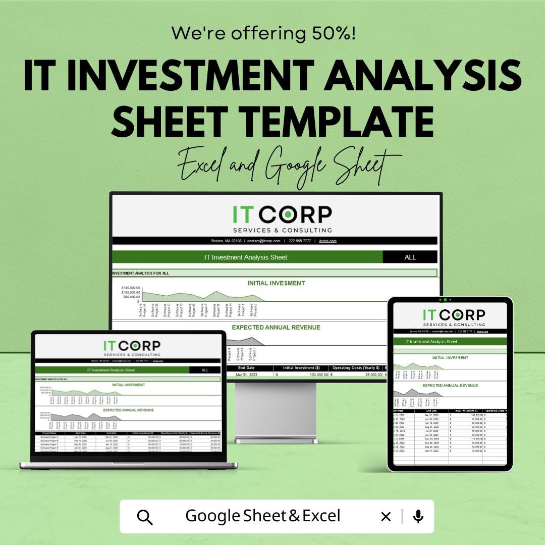 IT Investment Analysis Sheet Template | IT Project Roi Spreadsheet | Excel and Google Sheets | IT Cost Revenue Analysis Tool