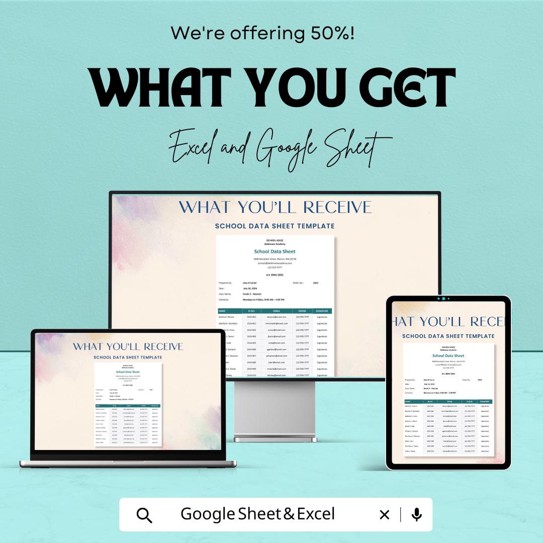 School Data Sheet Template | Student Tracker | Editable Excel and Google Sheets | Class Roster & Attendance Log | Printable School Planner