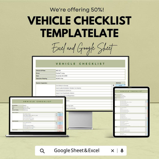 Vehicle Checklist Template | Vehicle Inspection Spreadsheet | Auto Maintenance Tracker | Excel & Google Sheets | Fleet Management Checklist