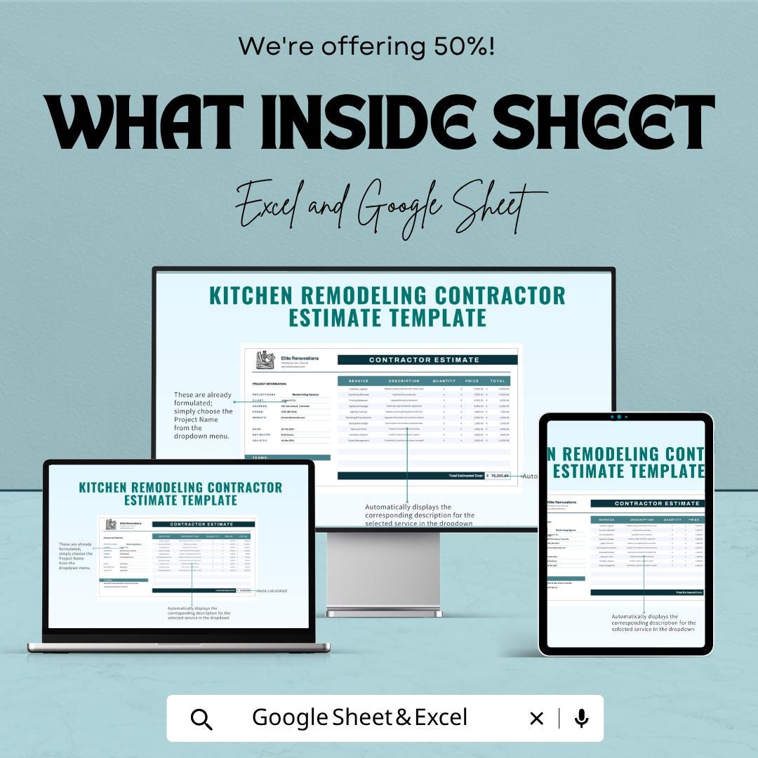 Kitchen Remodeling Contractor Estimate Template | Construction Quote Spreadsheet | Contractor Bid Sheet
