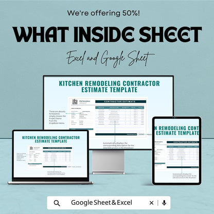 Kitchen Remodeling Contractor Estimate Template | Construction Quote Spreadsheet | Contractor Bid Sheet