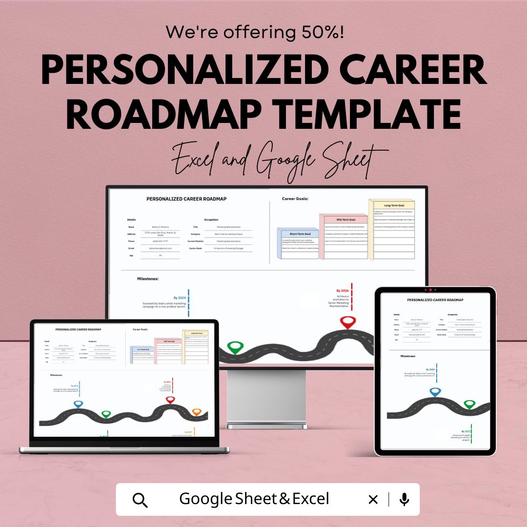 Personalized Career Roadmap Template | Career Planning Worksheet | Professional Goal Planner | Career Development Tracker