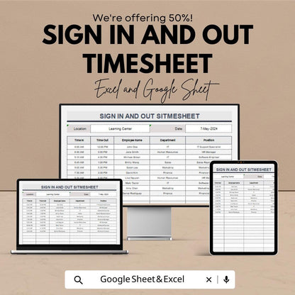 Sign In and Out Timesheet | Attendance Tracker Template | Excel & Google Sheets | Employee Time Log | Printable Sign-In Sheet