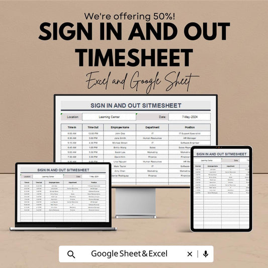 Sign In and Out Timesheet | Attendance Tracker Template | Excel & Google Sheets | Employee Time Log | Printable Sign-In Sheet