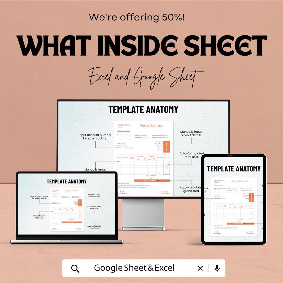 Sample Project Estimate Template | Project Cost Estimator Spreadsheet | Budget Planning Tracker | Excel & Google Sheets | Professional