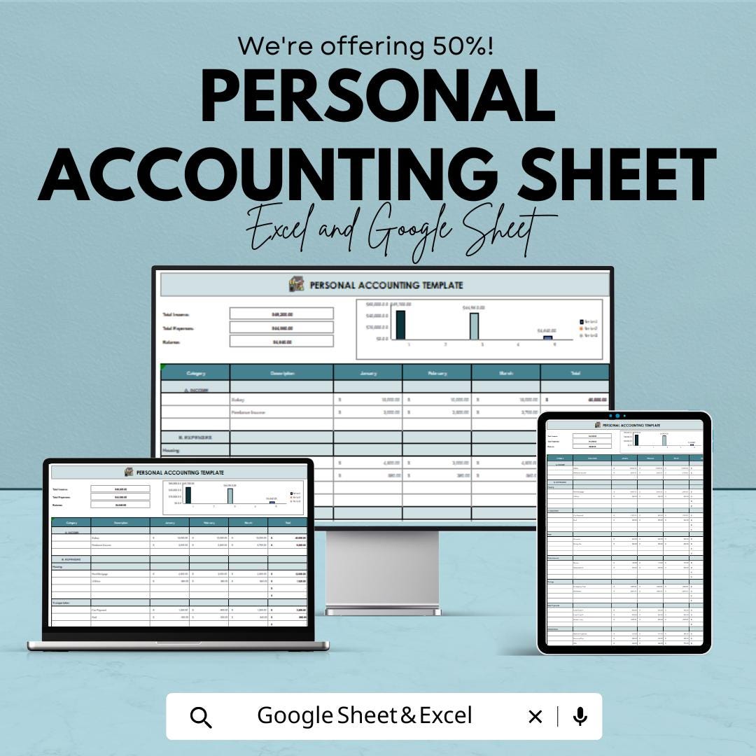 Personal Accounting Sheet | Budget Tracker | Excel & Google Sheets | Income Expense Tracker | Finance Planner Spreadsheet