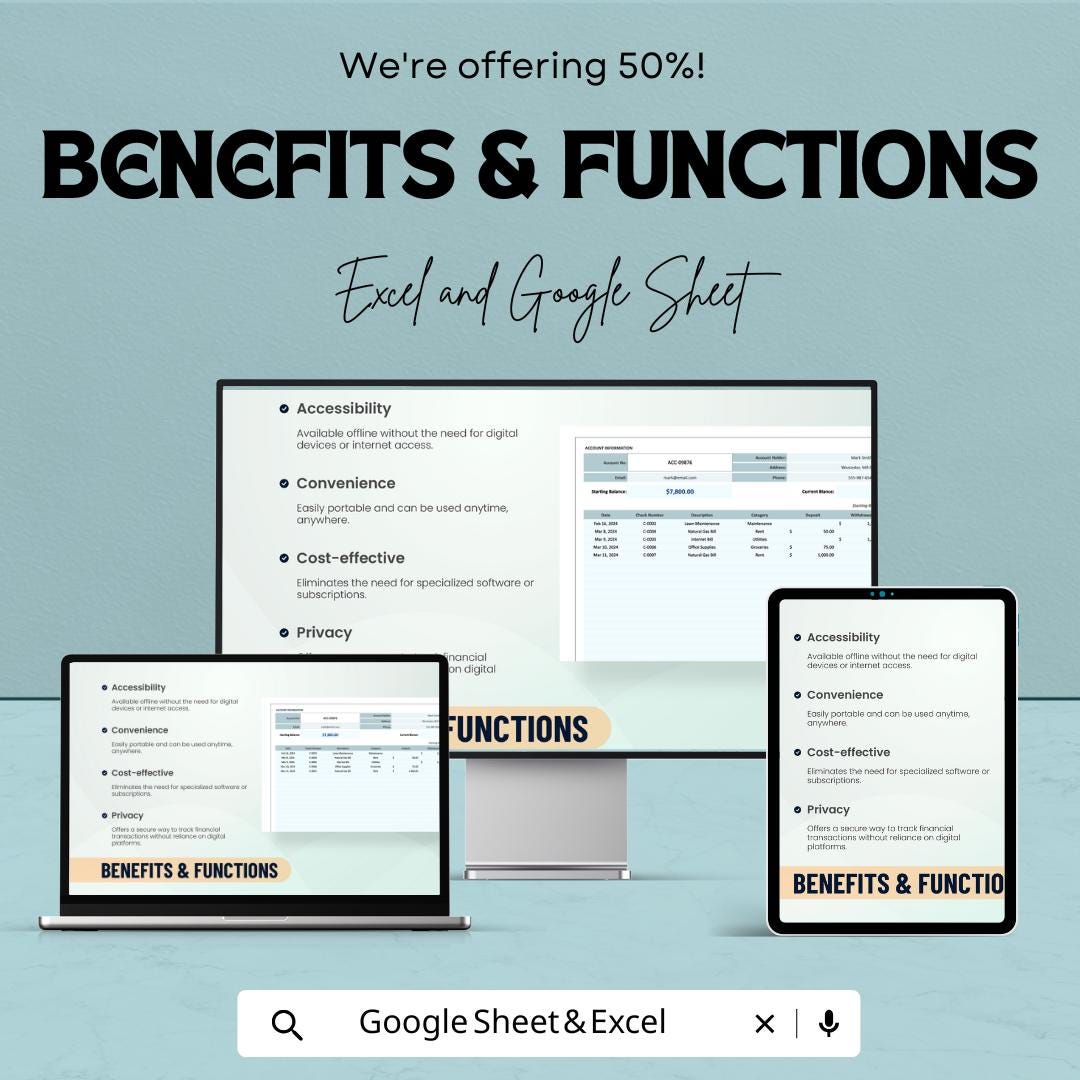 Printable Check Register Template | Checkbook Register | Bank Ledger | Expense Tracker | Account Balance Log | Editable Spreadsheet