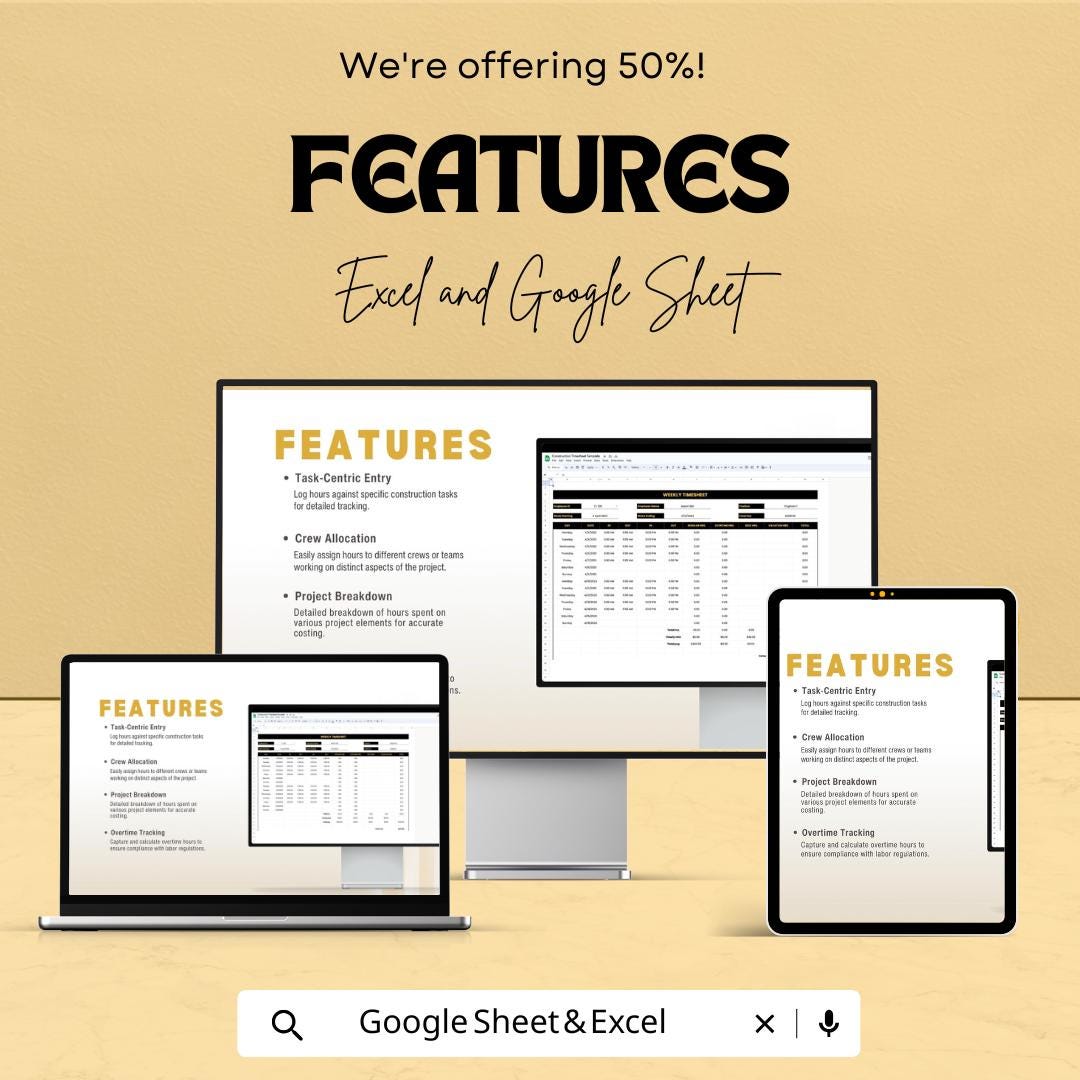 Construction Timesheet Template | Excel & Google Sheet | Track Hours, Crew, Costs | Project Management Spreadsheet