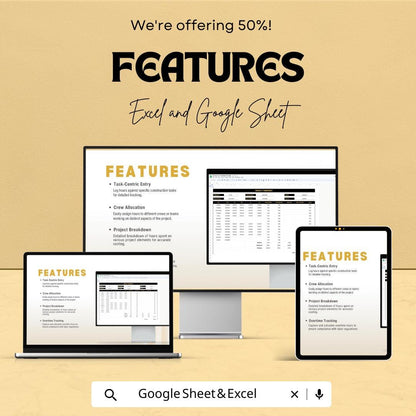 Construction Timesheet Template | Excel & Google Sheet | Track Hours, Crew, Costs | Project Management Spreadsheet