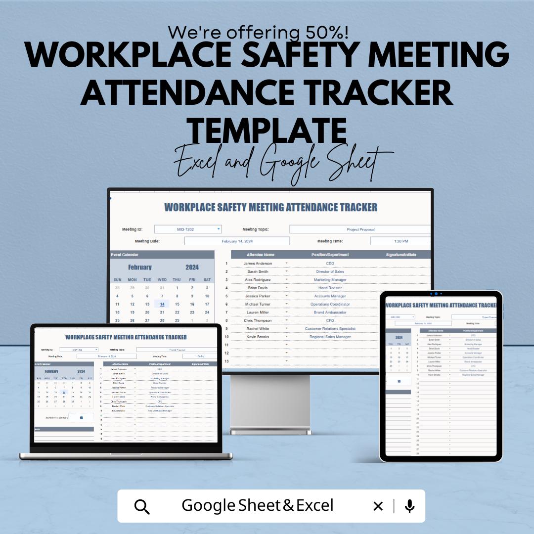 Workplace Safety Meeting Attendance Tracker | Excel & Google Sheets Template | Safety Meeting Log | Employee Attendance Sheet