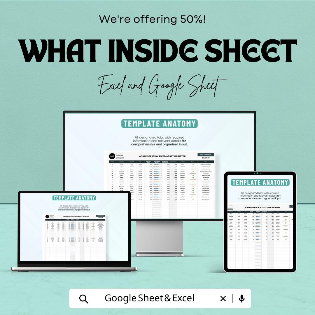 Administration Fixed Asset Register Template | Asset Tracking Spreadsheet | Depreciation Tracker | Business Asset Log