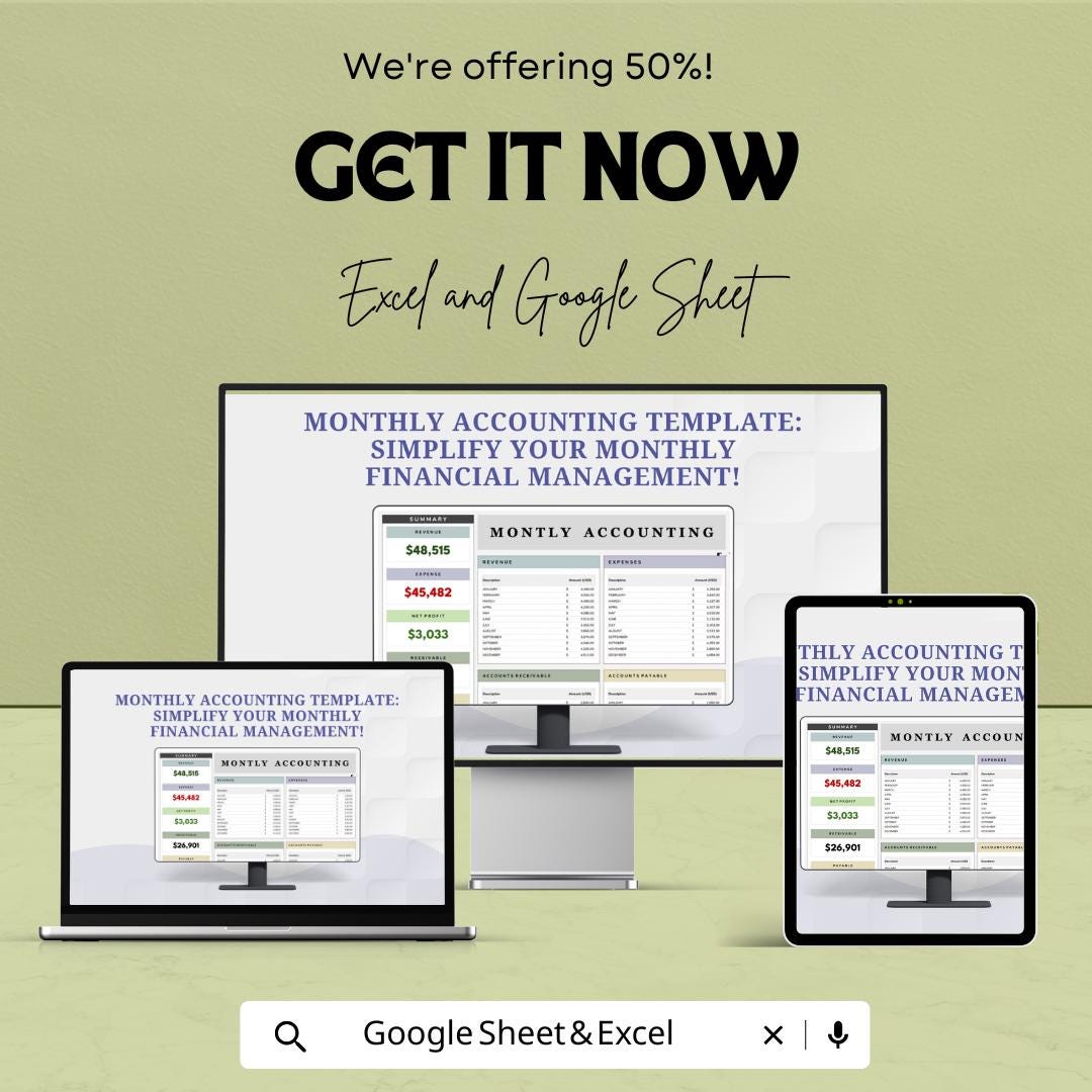 Monthly Accounting Template | Income & Expense Tracker | Monthly Finance Tracker | Accounting Sheet